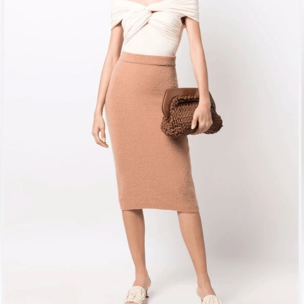 NWT Nanushka beige knit merino wool blend body con midi skirt